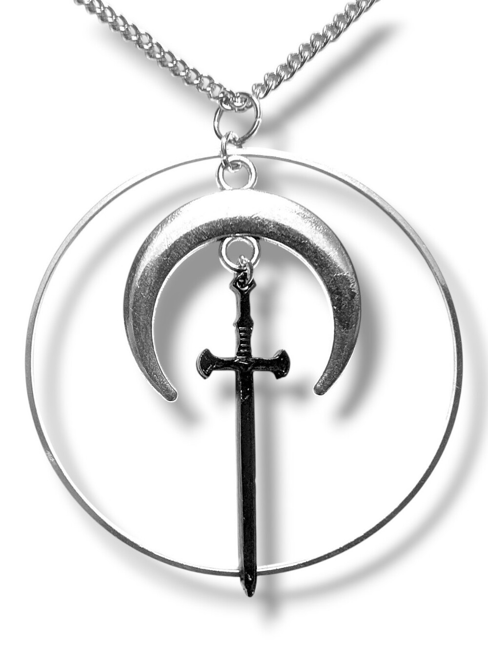 NWT Handmade Silver Crescent Moon Black Sword Hoop Layered Long Necklace